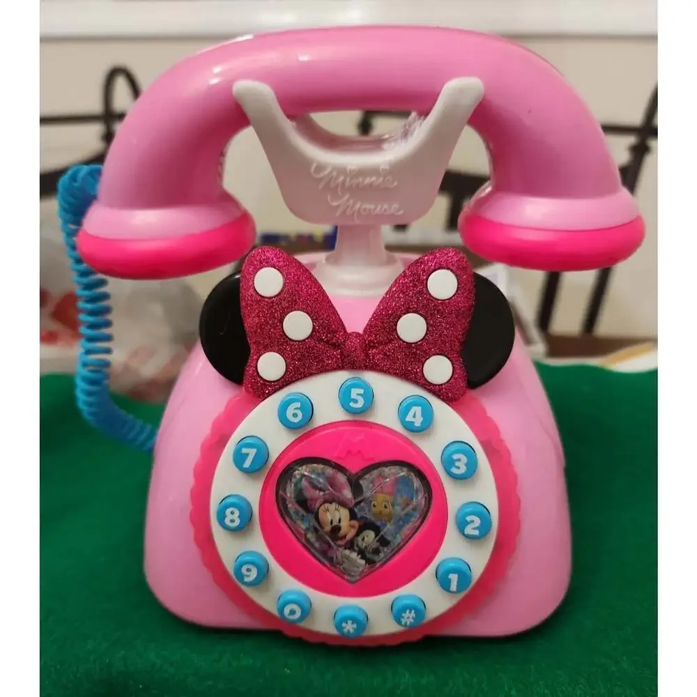 Disney Minnie Mouse Ring Me Rotary Toy Phone Lights Sounds + Play Cell Phone